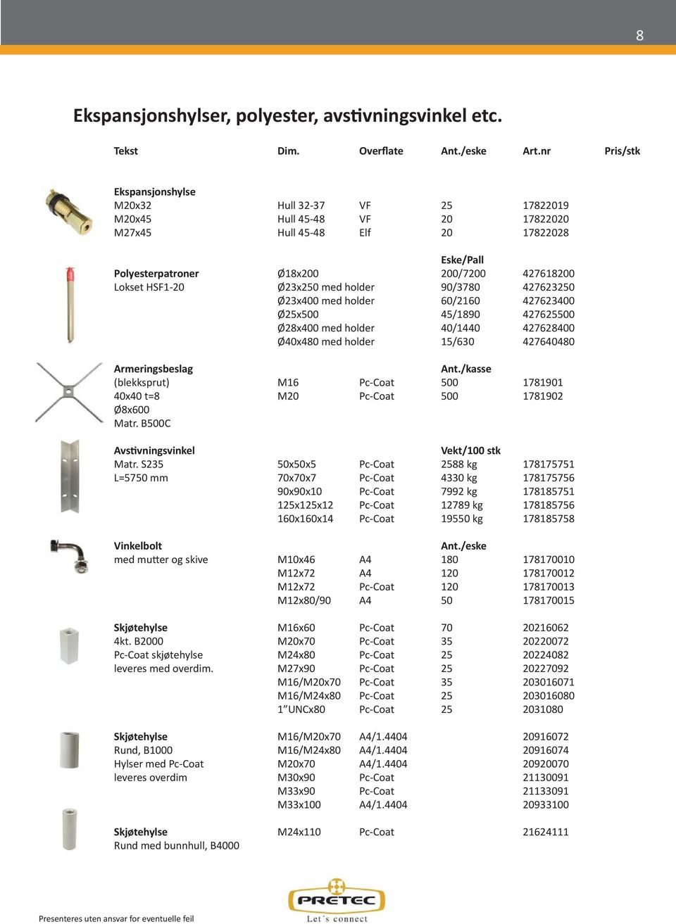 Ø23x250 med holder 90/3780 427623250 Ø23x400 med holder 60/2160 427623400 Ø25x500 45/1890 427625500 Ø28x400 med holder 40/1440 427628400 Ø40x480 med holder 15/630 427640480 Armeringsbeslag Ant.