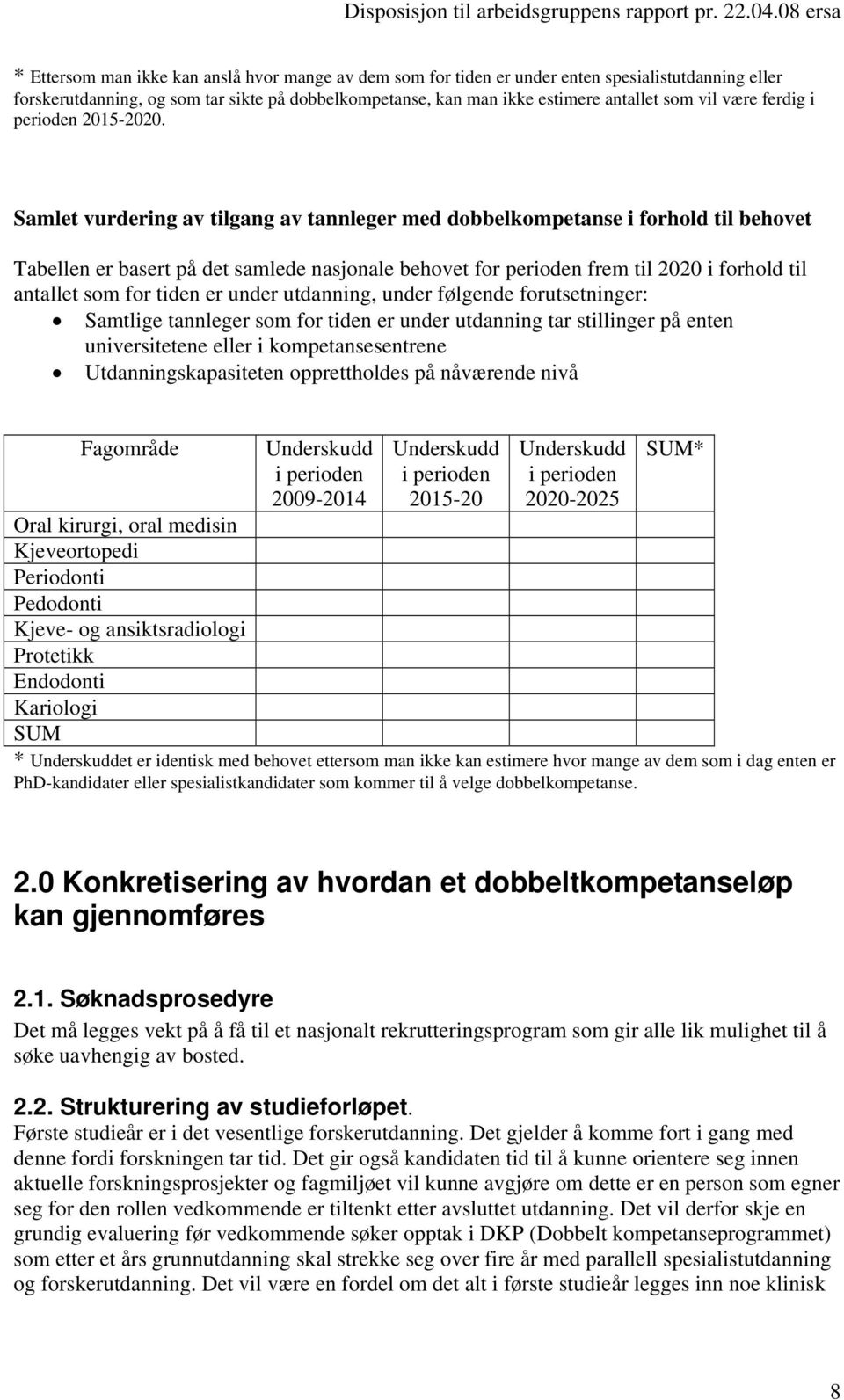 Samlet vurdering av tilgang av tannleger med dobbelkompetanse i forhold til behovet Tabellen er basert på det samlede nasjonale behovet for perioden frem til 2020 i forhold til antallet som for tiden