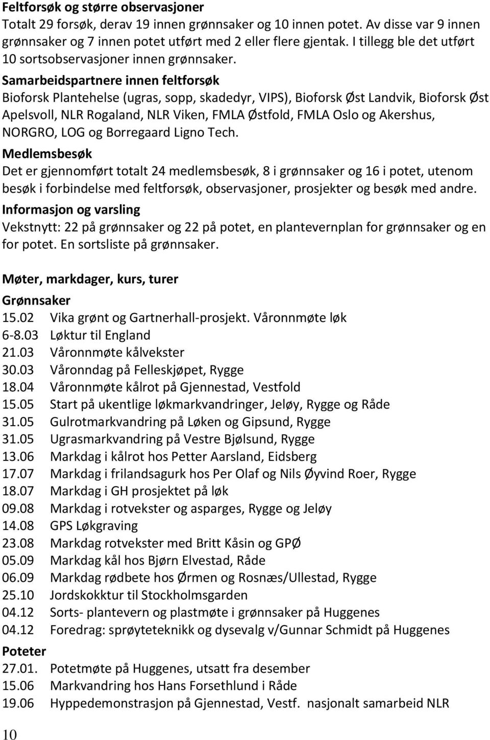 Samarbeidspartnere innen feltforsøk Bioforsk Plantehelse (ugras, sopp, skadedyr, VIPS), Bioforsk Øst Landvik, Bioforsk Øst Apelsvoll, NLR Rogaland, NLR Viken, FMLA Østfold, FMLA Oslo og Akershus,