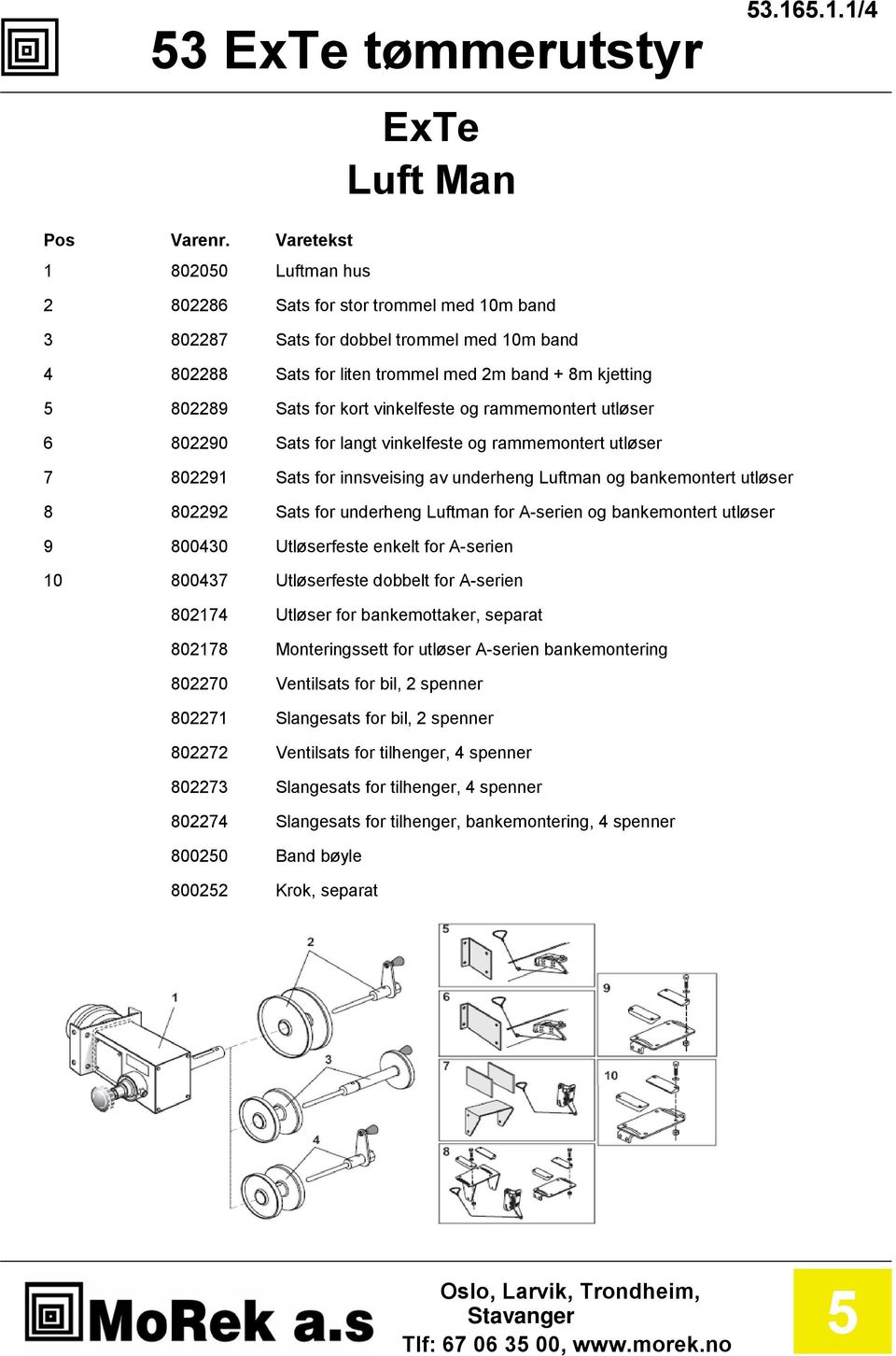 vinkelfeste og rammemontert utløser 6 802290 Sats for langt vinkelfeste og rammemontert utløser 7 802291 Sats for innsveising av underheng Luftman og bankemontert utløser 8 802292 Sats for underheng