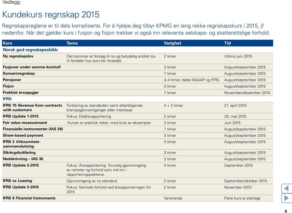 Kurs Tema Varighet Tid Norsk god regnskapsskikk: Ny regnskapslov Det kommer et forslag til ny og betydelig endret lov. 2 timer Ultimo juni 2015 Vi forteller hva som blir foreslått.