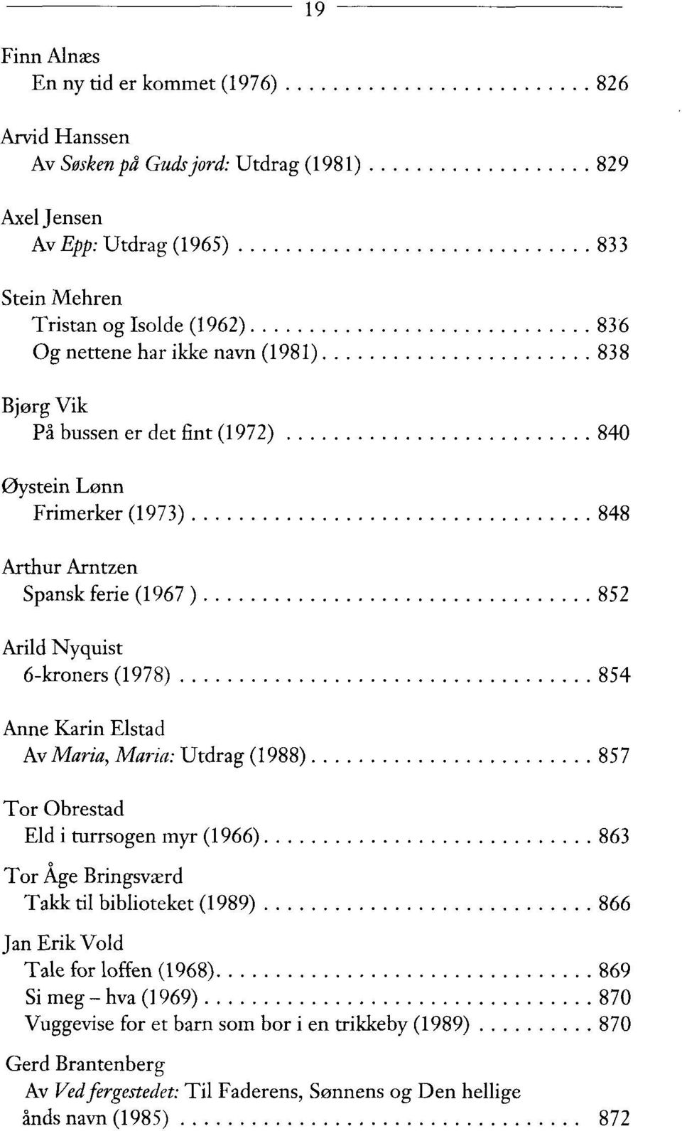 (1978) 854 Anne Karin Elstad Av Maria, Maria: Utdrag (1988) 857 Tor Obrestad Eld i turrsogen myr (1966) 863 Tor Åge Bringsværd Takk til biblioteket (1989) 866 Jan Erik Vold Tale for