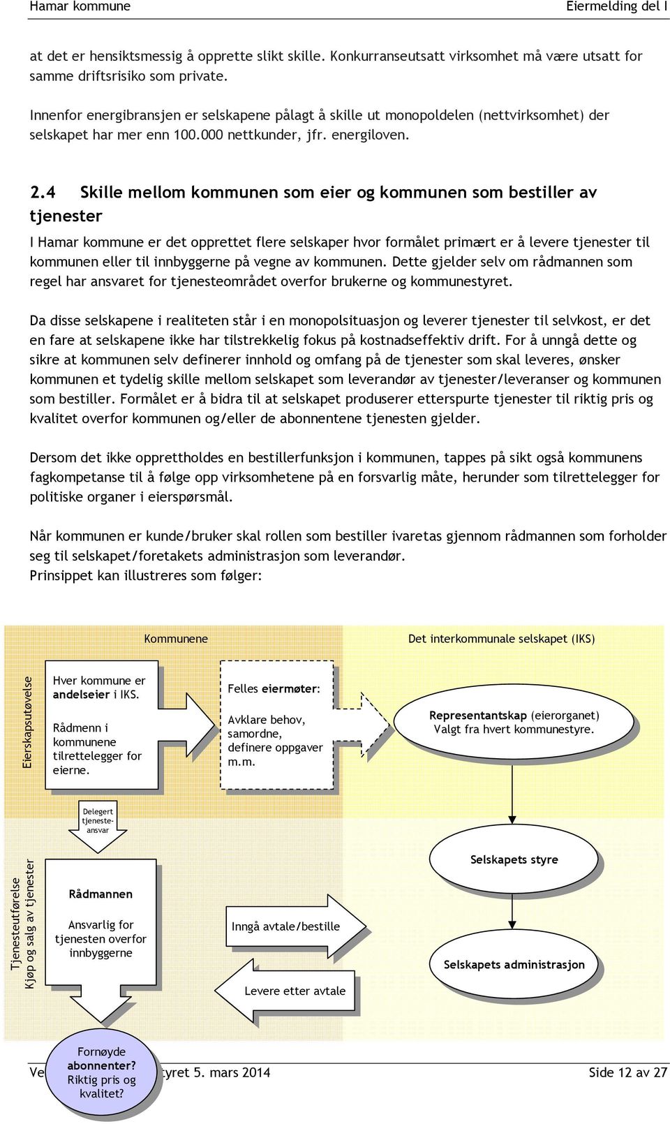 4 Skille mellom kommunen som eier og kommunen som bestiller av tjenester I Hamar kommune er det opprettet flere selskaper hvor formålet primært er å levere tjenester til kommunen eller til