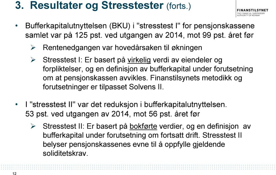 pensjonskassen avvikles. Finanstilsynets metodikk og forutsetninger er tilpasset Solvens II. I "stresstest II" var det reduksjon i bufferkapitalutnyttelsen. 53 pst.