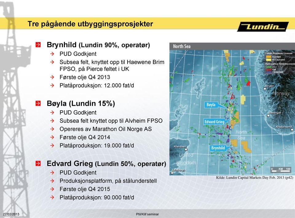 000 fat/d Bøyla (Lundin 15%) PUD Godkjent Subsea felt knyttet opp til Alvheim FPSO Opereres av Marathon Oil Norge AS Første olje Q4