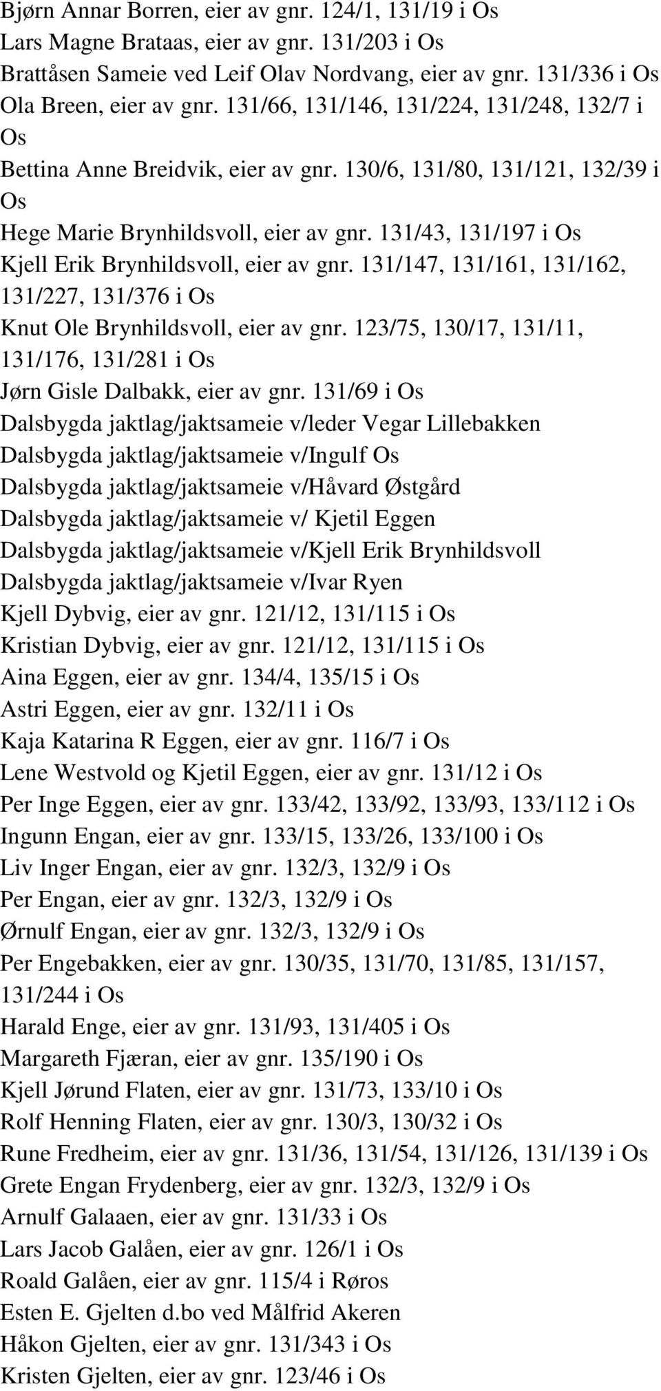 131/43, 131/197 i Kjell Erik Brynhildsvoll, eier av gnr. 131/147, 131/161, 131/162, 131/227, 131/376 i Knut Ole Brynhildsvoll, eier av gnr.