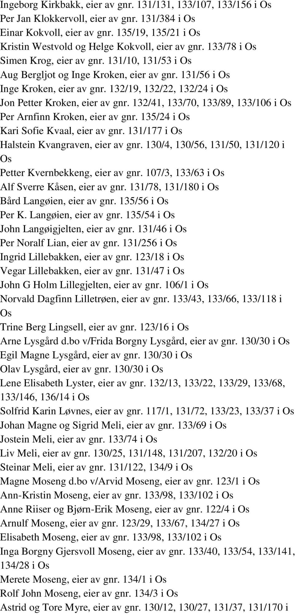 132/41, 133/70, 133/89, 133/106 i Per Arnfinn Kroken, eier av gnr. 135/24 i Kari Sofie Kvaal, eier av gnr. 131/177 i Halstein Kvangraven, eier av gnr.