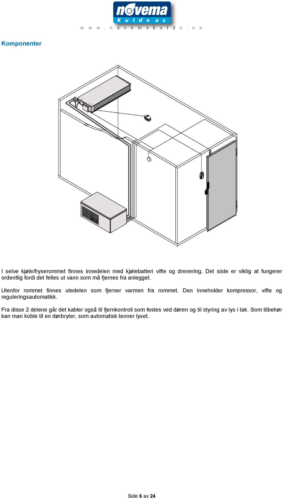 Utenfor rommet finnes utedelen som fjerner varmen fra rommet. Den inneholder kompressor, vifte og reguleringsautomatikk.