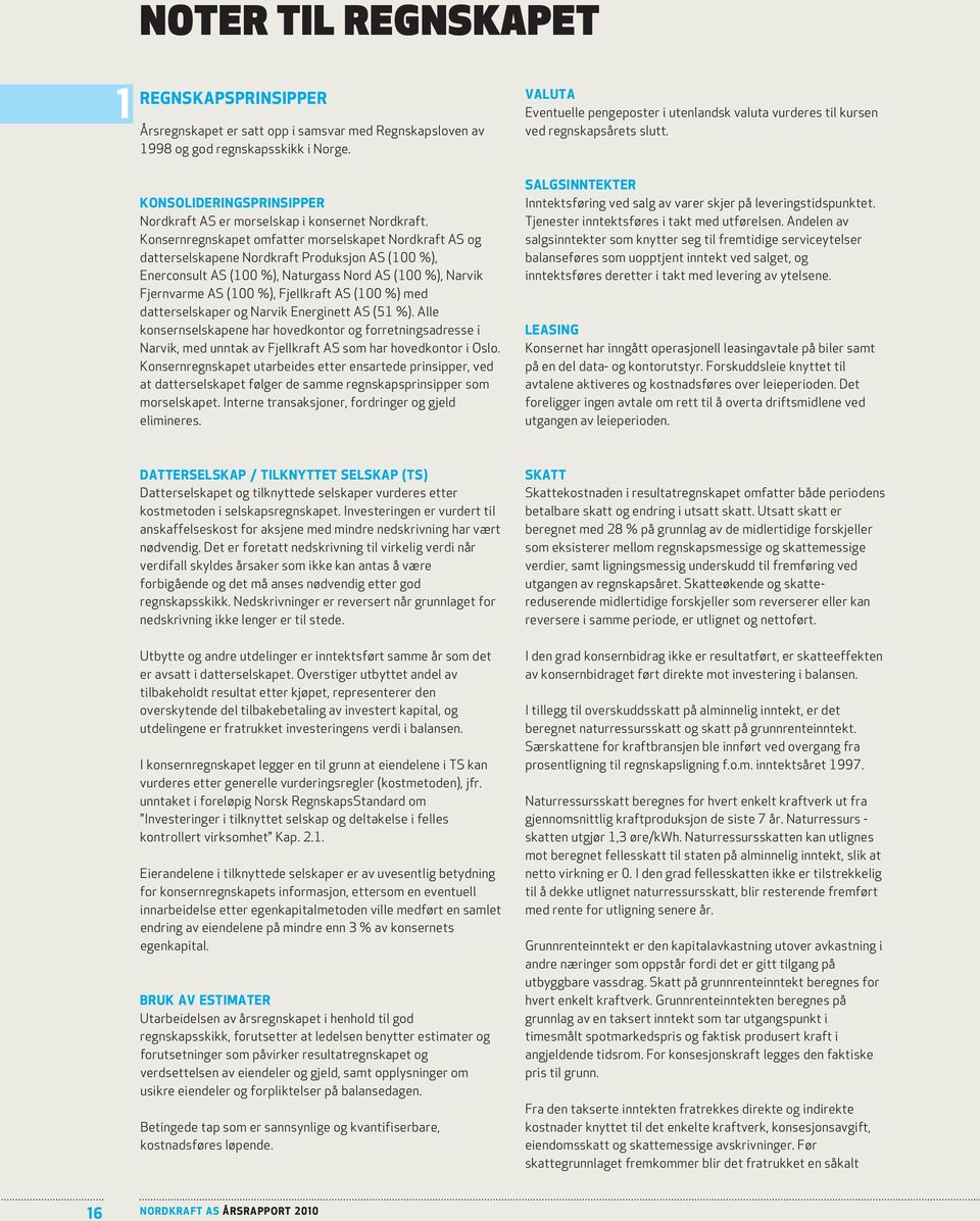 Konsernregnskapet omfatter morselskapet Nordkraft AS og datterselskapene Nordkraft Produksjon AS (100 %), Enerconsult AS (100 %), Naturgass Nord AS (100 %), Narvik Fjernvarme AS (100 %), Fjellkraft