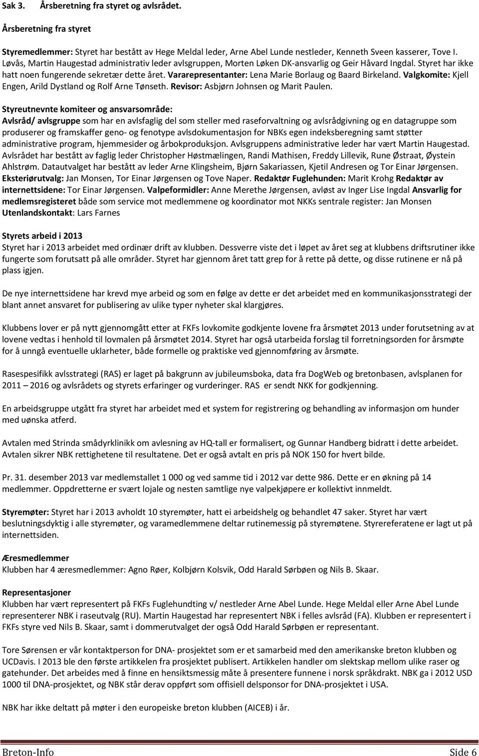 Vararepresentanter: Lena Marie Borlaug og Baard Birkeland. Valgkomite: Kjell Engen, Arild Dystland og Rolf Arne Tønseth. Revisor: Asbjørn Johnsen og Marit Paulen.