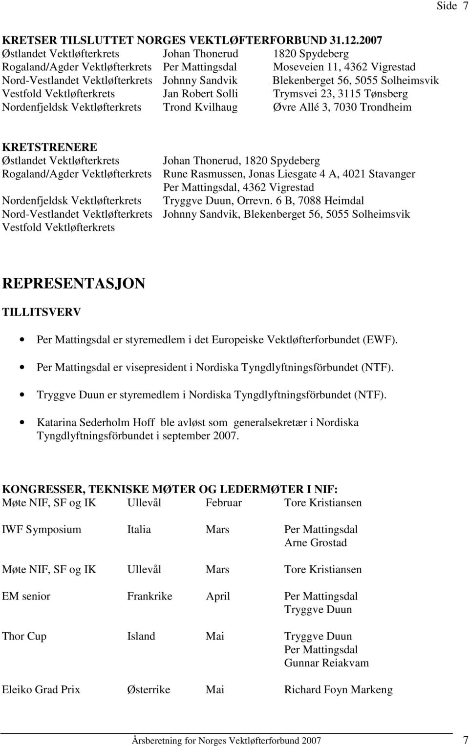 Blekenberget 56, 5055 Solheimsvik Vestfold Vektløfterkrets Jan Robert Solli Trymsvei 23, 3115 Tønsberg Nordenfjeldsk Vektløfterkrets Trond Kvilhaug Øvre Allé 3, 7030 Trondheim KRETSTRENERE Østlandet