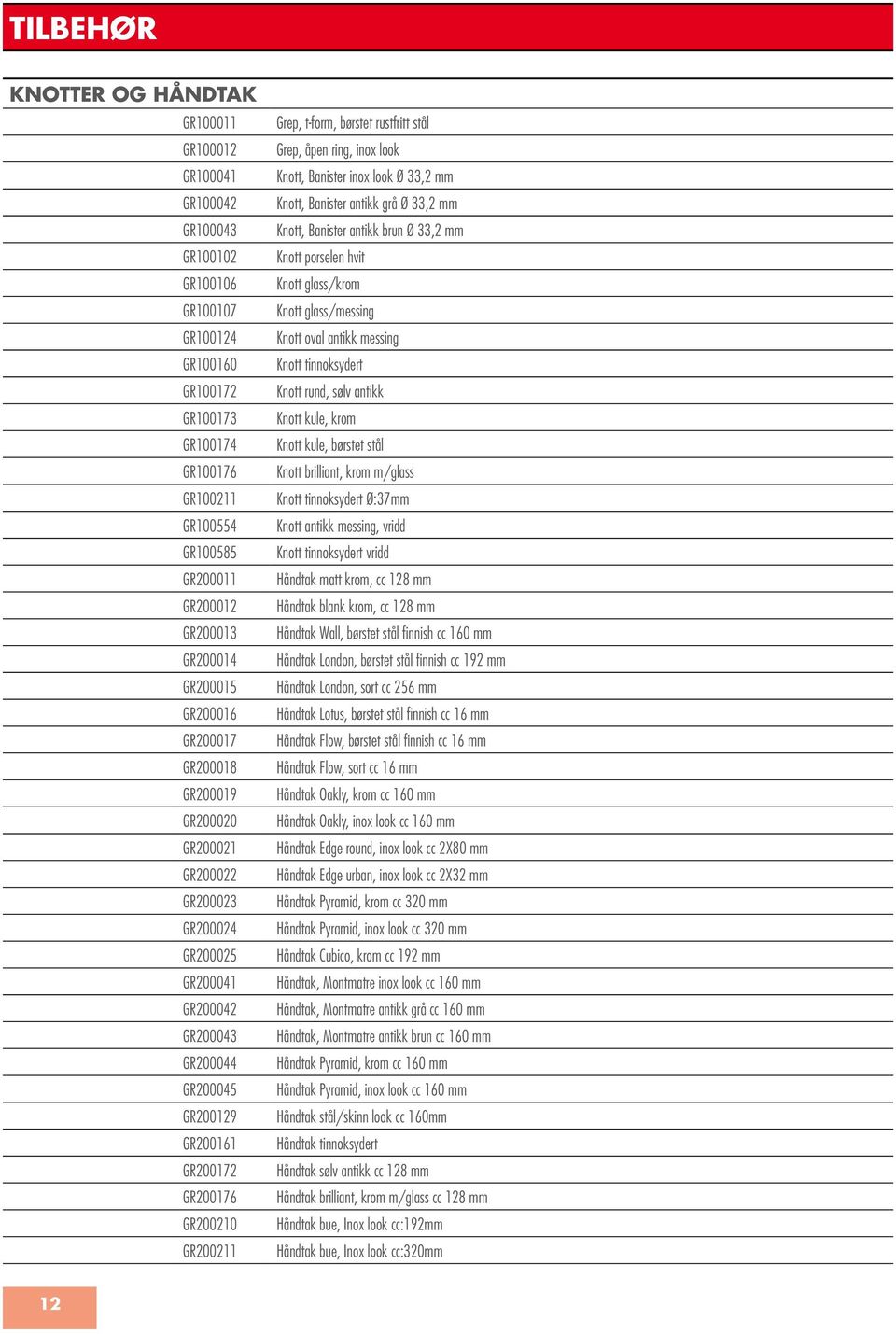 GR200210 GR200211 Grep, t-form, børstet rustfritt stål Grep, åpen ring, inox look Knott, Banister inox look Ø 33,2 mm Knott, Banister antikk grå Ø 33,2 mm Knott, Banister antikk brun Ø 33,2 mm Knott