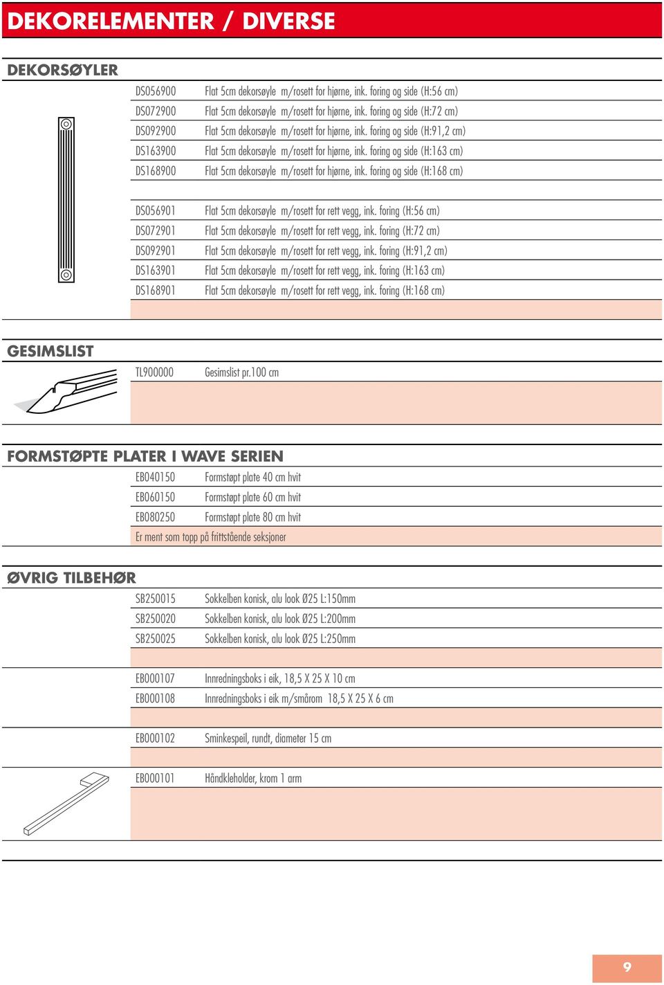 foring og side (H:163 cm) Flat 5cm dekorsøyle m/rosett for hjørne, ink. foring og side (H:168 cm) DS056901 DS072901 DS092901 DS163901 DS168901 Flat 5cm dekorsøyle m/rosett for rett vegg, ink.