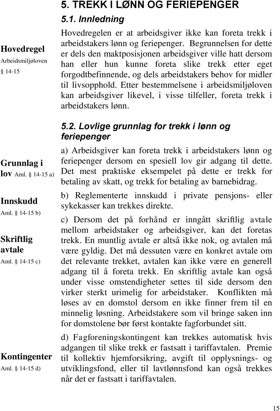 livsopphold. Etter bestemmelsene i arbeidsmiljøloven kan arbeidsgiver likevel, i visse tilfeller, foreta trekk i arbeidstakers lønn. 5.2.