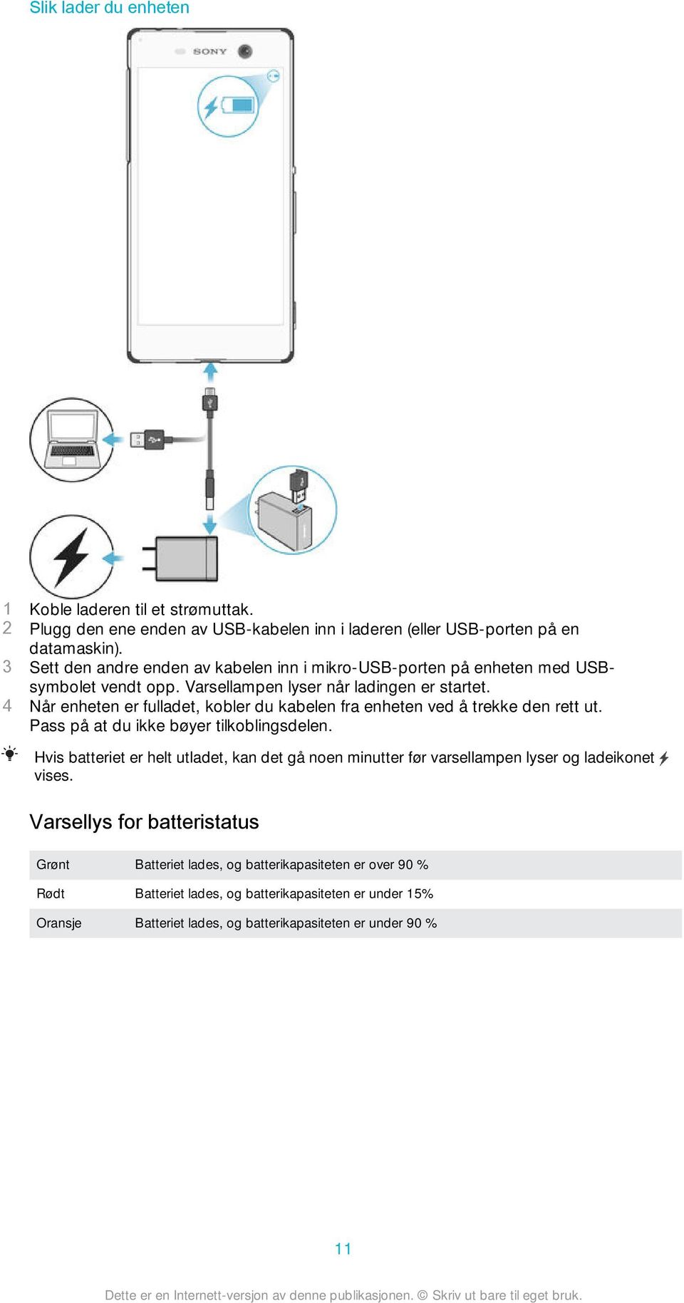 4 Når enheten er fulladet, kobler du kabelen fra enheten ved å trekke den rett ut. Pass på at du ikke bøyer tilkoblingsdelen.