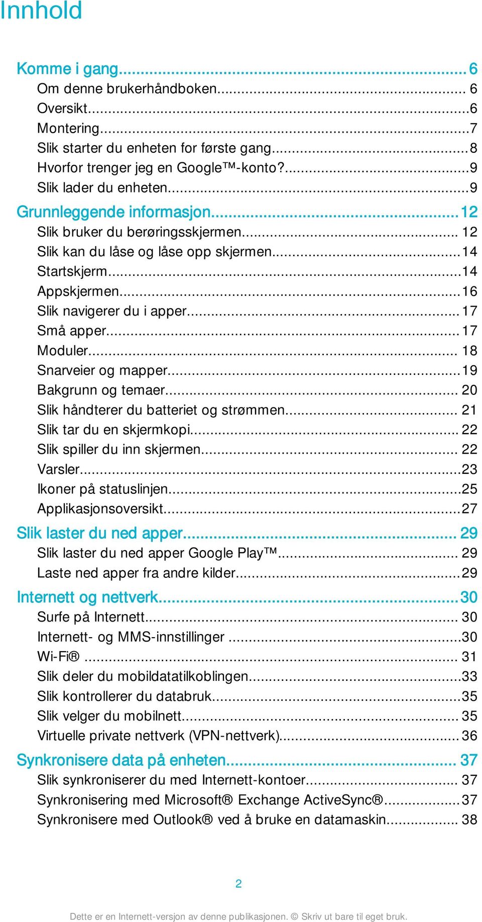 .. 17 Moduler... 18 Snarveier og mapper...19 Bakgrunn og temaer... 20 Slik håndterer du batteriet og strømmen... 21 Slik tar du en skjermkopi... 22 Slik spiller du inn skjermen... 22 Varsler.