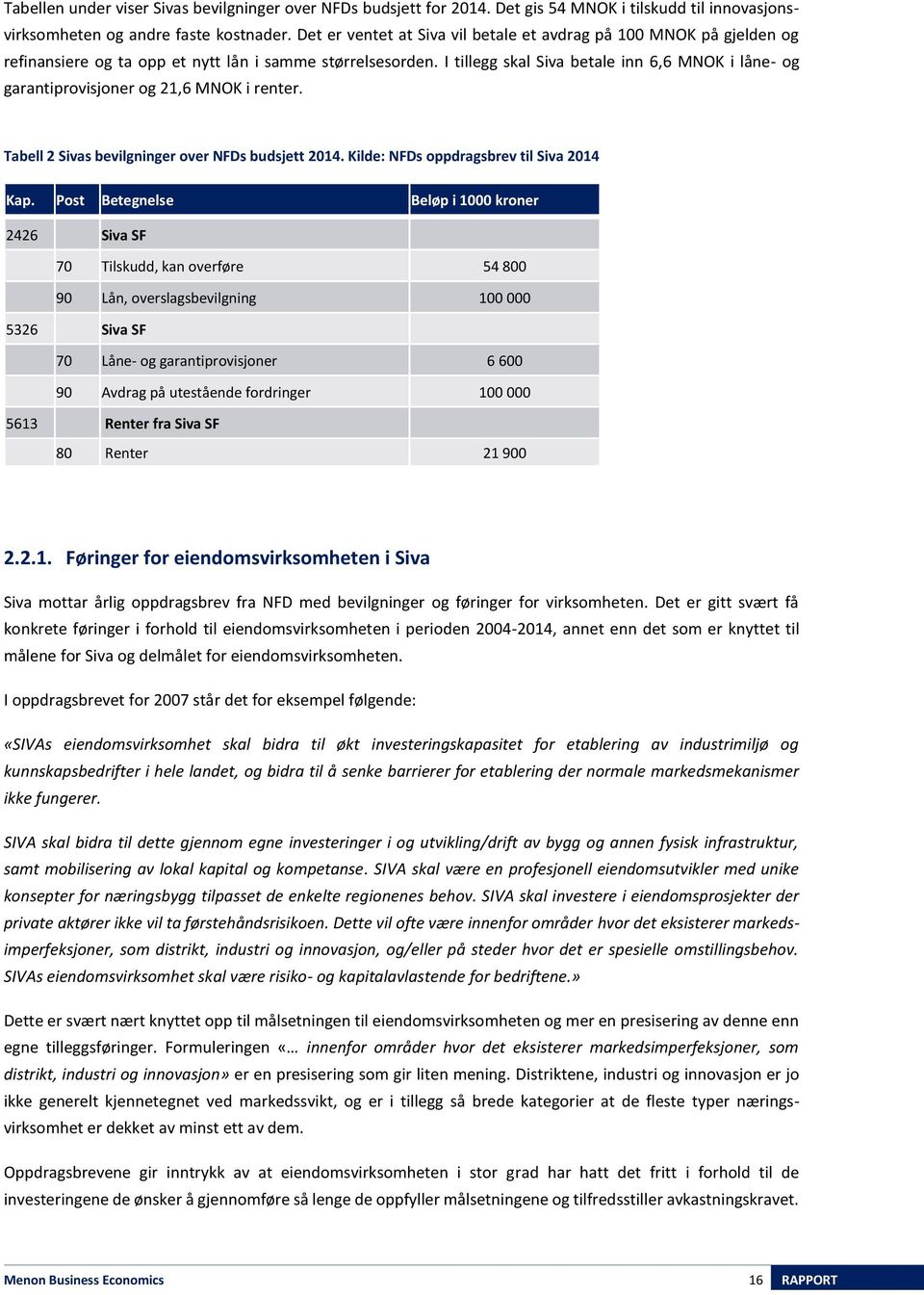 I tillegg skal Siva betale inn 6,6 MNOK i låne- og garantiprovisjoner og 21,6 MNOK i renter. Tabell 2 Sivas bevilgninger over NFDs budsjett 2014. Kilde: NFDs oppdragsbrev til Siva 2014 Kap.