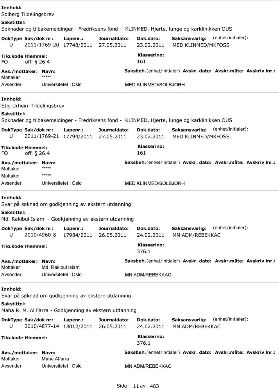 2011 MED KLNMED/MKFOSS FO offl 26.4 161 Mottaker ***** niversitetet i Oslo MED KLNMED/SOLBJORH Svar på søknad om godkjenning av ekstern utdanning Md.