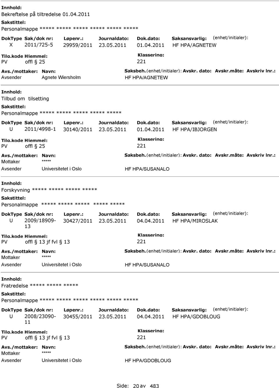 : 30427/2011 04.04.2011 HF HPA/MROSLAK niversitetet i Oslo HF HPA/SSANALO Fratredelse ***** ***** ***** Personalmappe ***** ***** ***** ***** ***** ***** Sak/dok nr: 2008/23090-11 Løpenr.