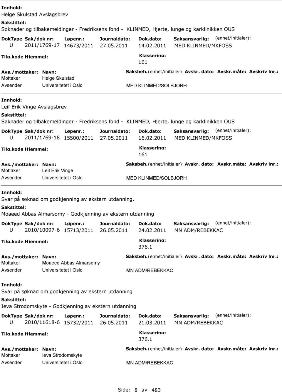 karklinikken OS 2011/1769-18 15500/2011 16.02.2011 MED KLNMED/MKFOSS 161 Mottaker Leif Erik Vinge niversitetet i Oslo MED KLNMED/SOLBJORH Svar på søknad om godkjenning av ekstern utdanning.