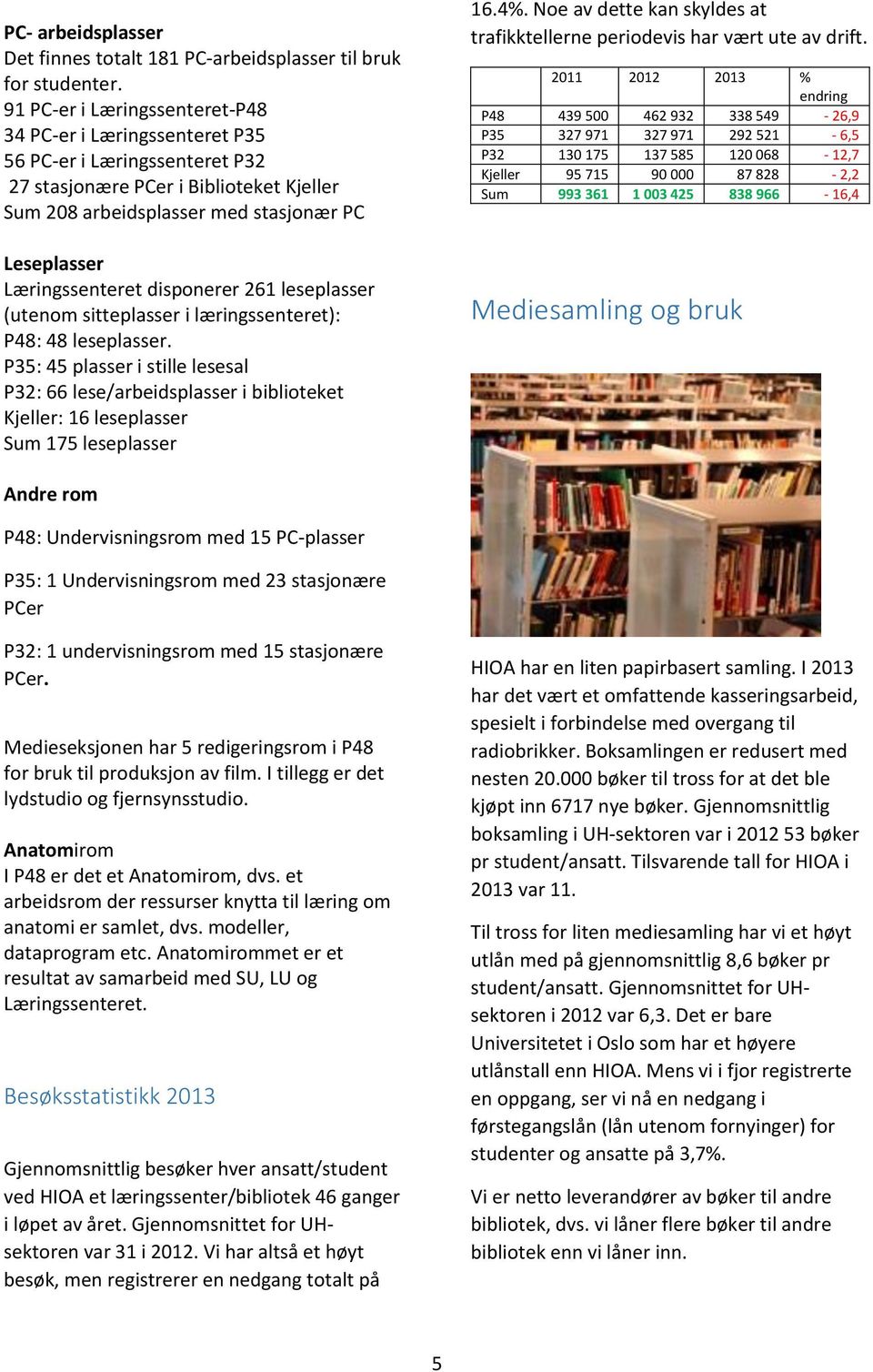 Læringssenteret disponerer 261 leseplasser (utenom sitteplasser i læringssenteret): P48: 48 leseplasser.