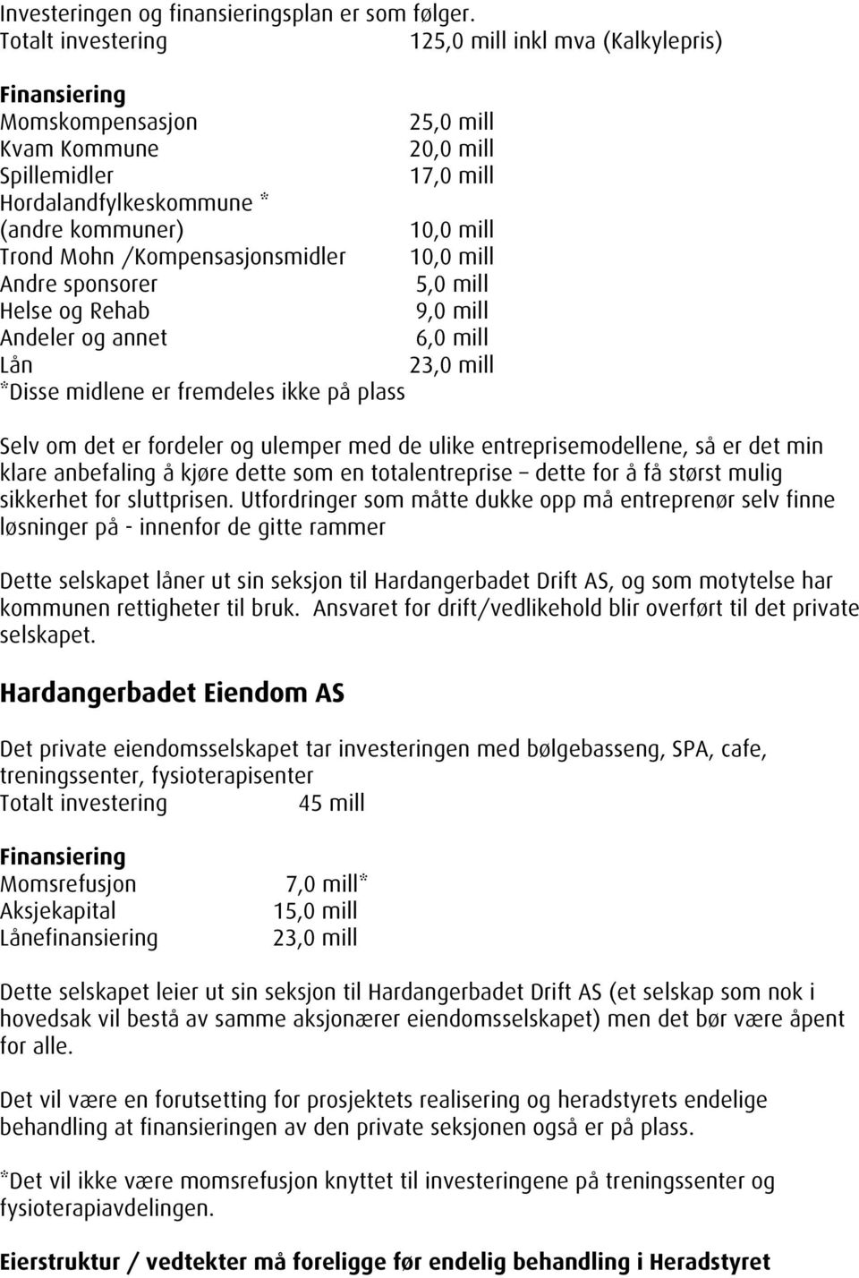 Mohn /Kompensasjonsmidler 10,0 mill Andre sponsorer 5,0 mill Helse og Rehab 9,0 mill Andeler og annet 6,0 mill Lån 23,0 mill *Disse midlene er fremdeles ikke på plass Selv om det er fordeler og