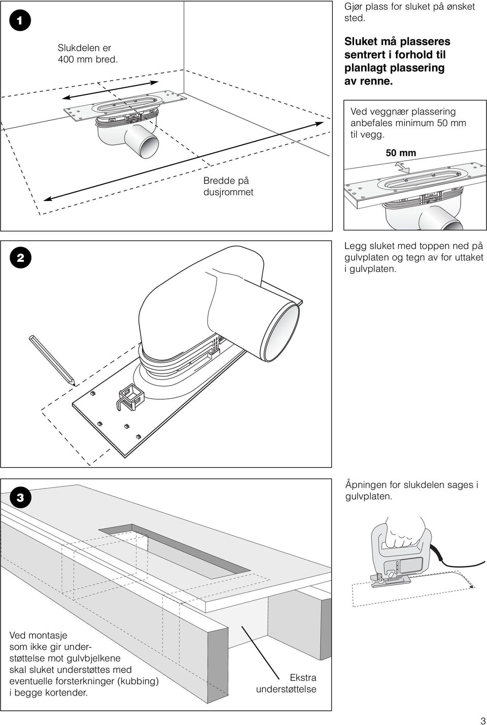 50 mm Bredde på dusjrommet 2 Legg sluket med toppen ned på gulvplaten og tegn av for uttaket i gulvplaten.