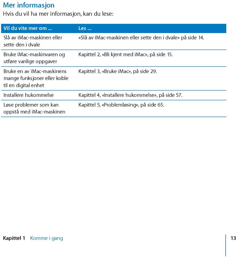 eller koble til en digital enhet Les... «Slå av imac-maskinen eller sette den i dvale» på side 14. Kapittel 2, «Bli kjent med imac», på side 15.