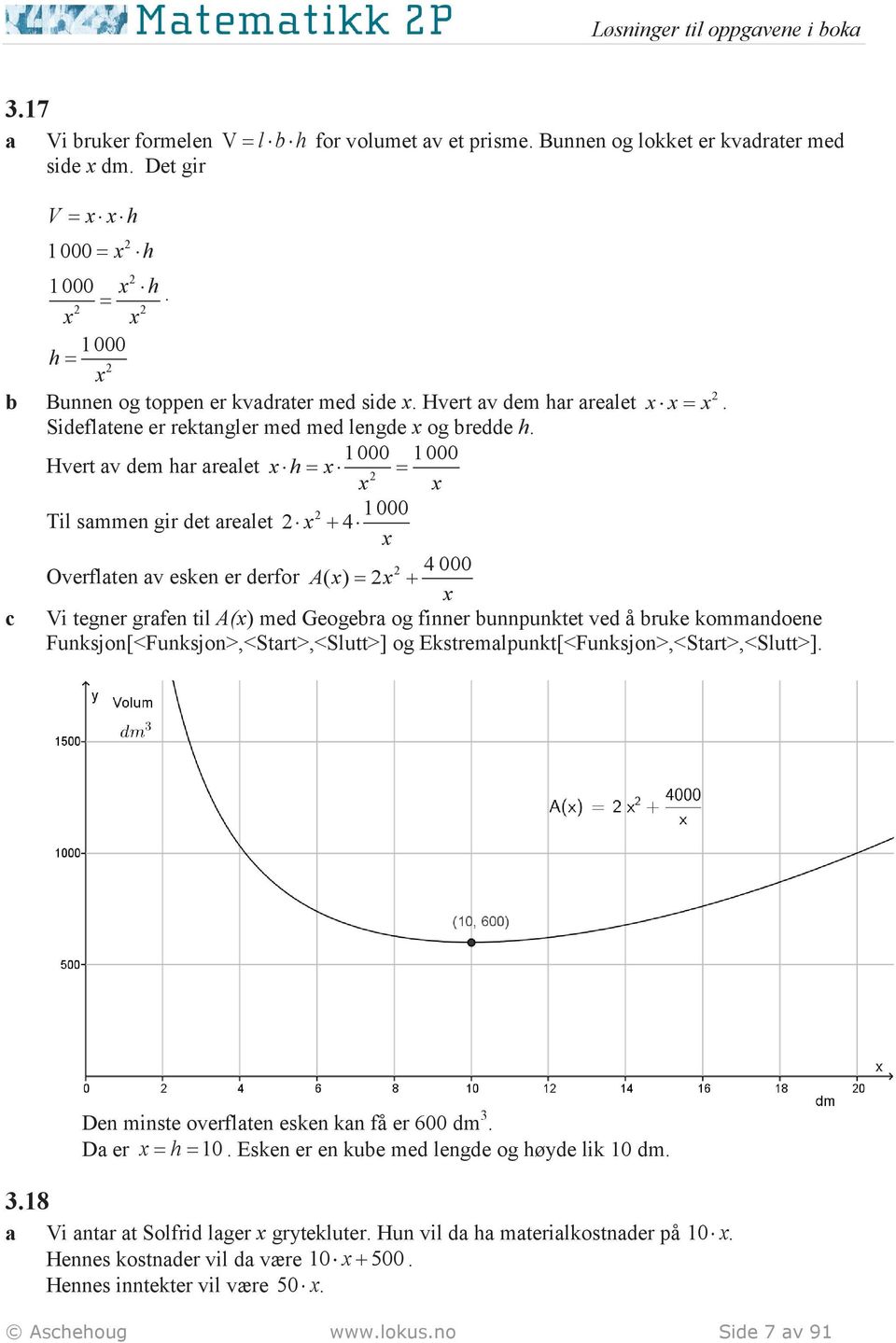 1 000 1 000 Hvert av dem har arealet x h= x = x x 1 000 Til sammen gir det arealet x + 4 x 4 000 Overflaten av esken er derfor Ax ( ) = x + x Vi tegner grafen til A(x) med Geogera og finner