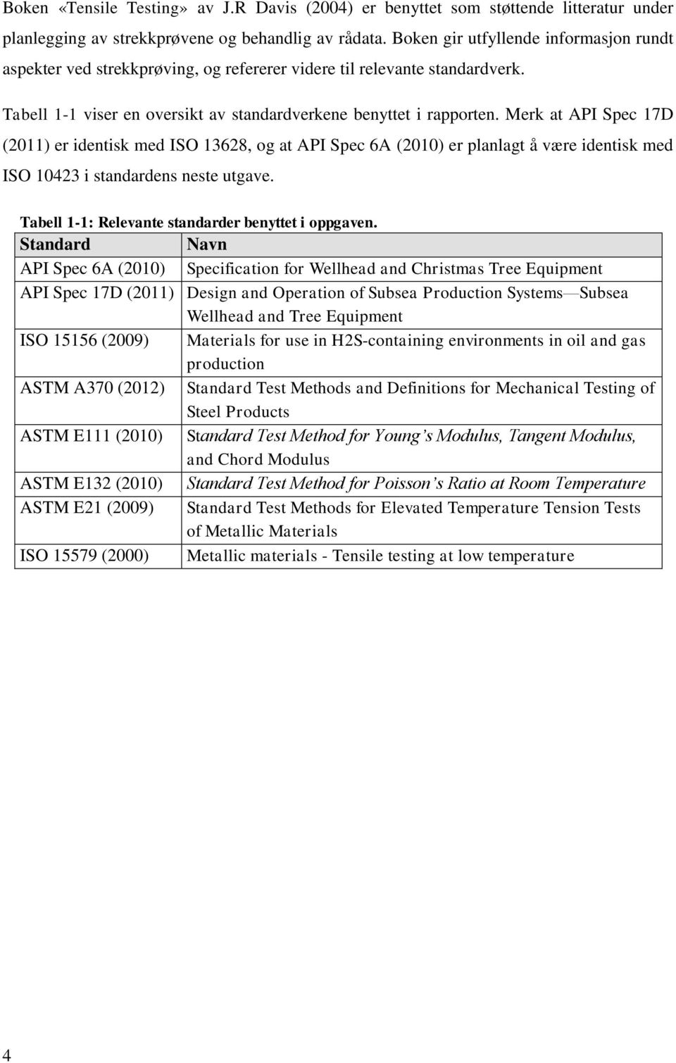 Merk at API Spec 17D (211) er identisk med ISO 13628, og at API Spec 6A (21) er planlagt å være identisk med ISO 1423 i standardens neste utgave. Tabell 1-1: Relevante standarder benyttet i oppgaven.