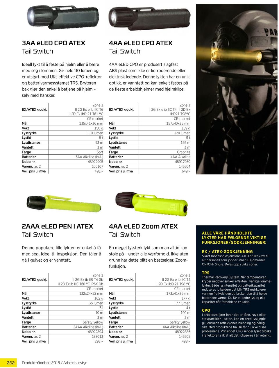 II 2G Ex e ib IIC T6 II 2D Ex ibd 21 T61 C CE merket Mål 135x41x36 mm Vekt 150 g Lysstyrke 110 lumen Lystid 8 t Lysdistanse 93 m Vantett 3 m Farge Sort Batterier 3AA Alkaline (inkl.) Nobb nr.