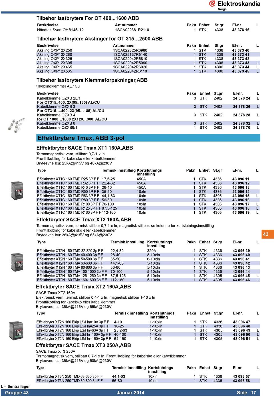 1SCA022137R5140 1 STK 4338 43 373 41 Aksling OXP12X325 1SCA022042R5810 1 STK 4338 43 373 42 Aksling OXP12X395 1SCA022042R5990 1 STK 4306 43 373 43 L Aksling OXP12X465 1SCA022042R6020 1 STK 4306 43