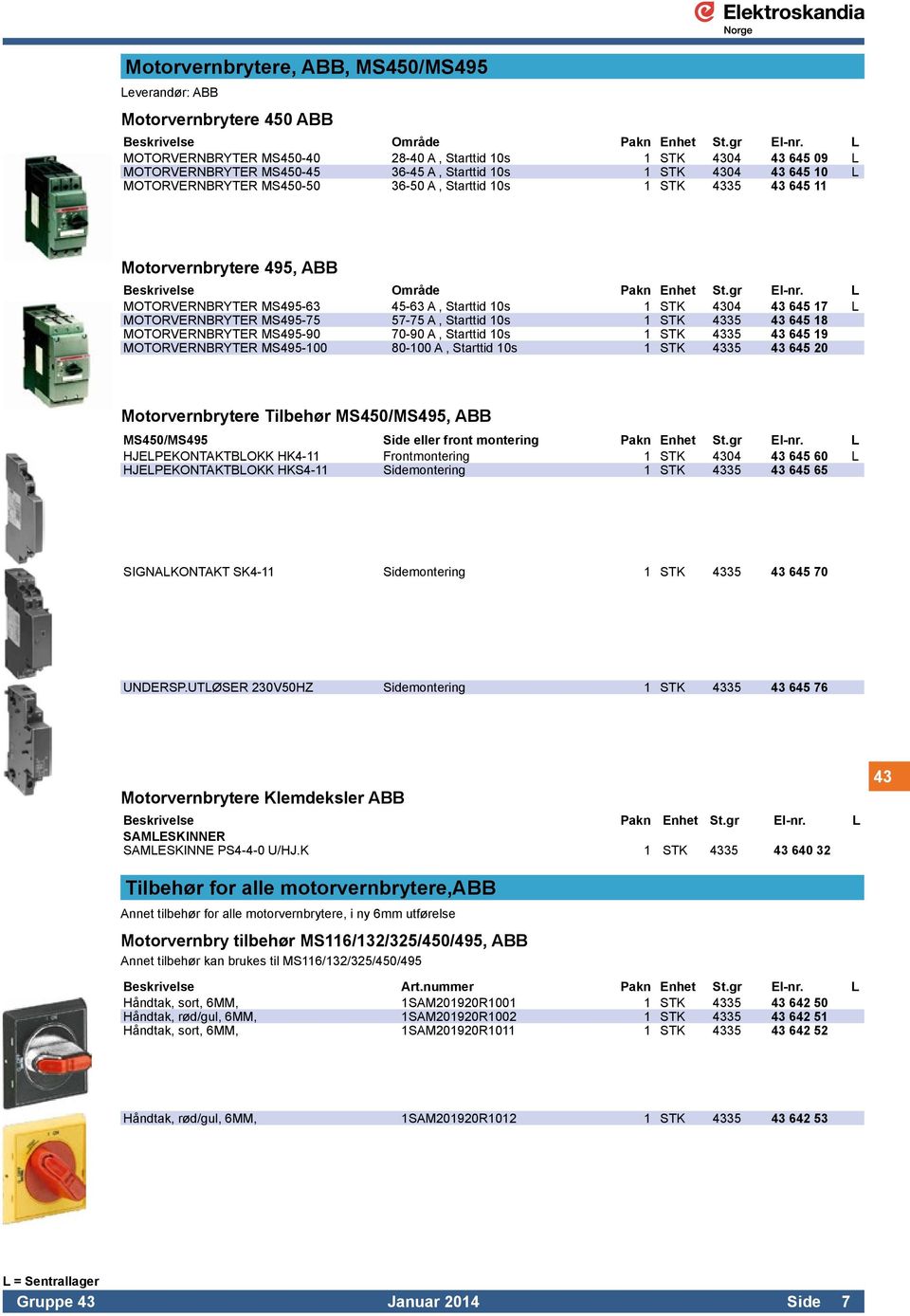43 645 11 Motorvernbrytere 495, ABB Beskrivelse Område Pakn Enhet St.gr El-nr.
