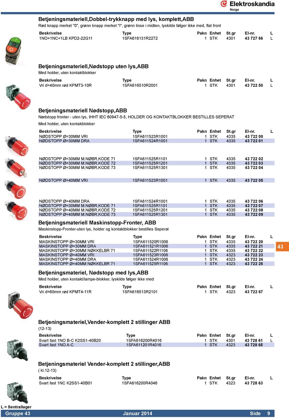 Nødstopp,ABB Nødstopp fronter - uten lys, IHHT IEC 60947-5-5, HOLDER OG KONTAKTBLOKKER BESTILLES SEPERAT Med holder, uten kontakblokker NØDSTOPP Ø=30MM VRI 1SFA611523R1001 1 STK 4335 43 722 00