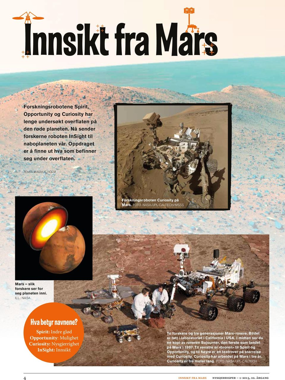 : NASA Hva betyr navnene? Spirit: Indre glød Opportunity: Mulighet Curiosity: Nysgjerrighet InSight: Innsikt To forskere og tre generasjoner Mars-rovere.