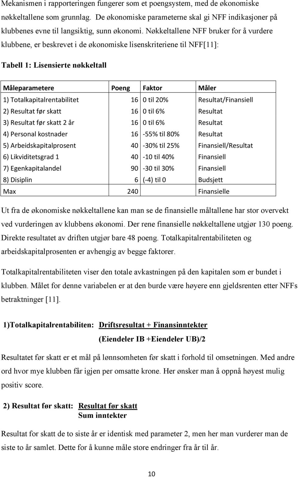 Nøkkeltallene NFF bruker for å vurdere klubbene, er beskrevet i de økonomiske lisenskriteriene til NFF[11]: Tabell 1: Lisensierte nøkkeltall Måleparametere Poeng Faktor Måler 1)