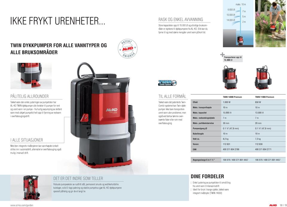 000 l/t PÅLITELIG ALLROUNDER Takket være den enkle justeringen av pumpefoten har AL-KO TWIN dykkpumper alle fordeler til pumper for rent og urent vann i en pumpe - fra hurtig avpumping av skittent