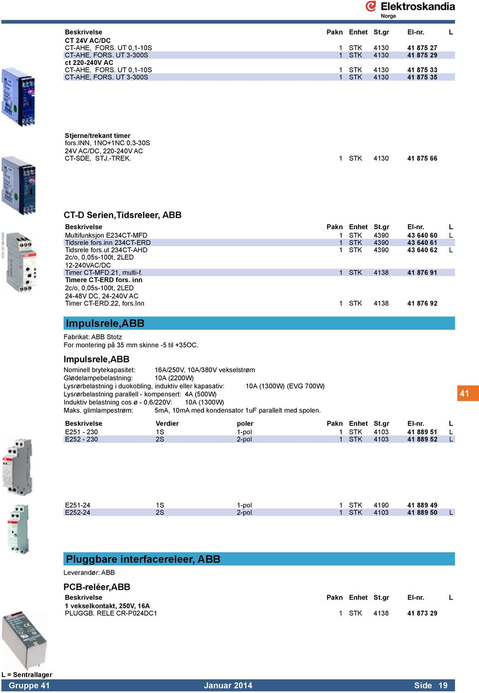 1 STK 4130 41 875 66 CT-D Serien,Tidsreleer, ABB Beskrivelse Pakn Enhet St.gr El-nr. L Multifunksjon E234CT-MFD 1 STK 4390 43 640 60 L Tidsrele fors.inn 234CT-ERD 1 STK 4390 43 640 61 Tidsrele fors.