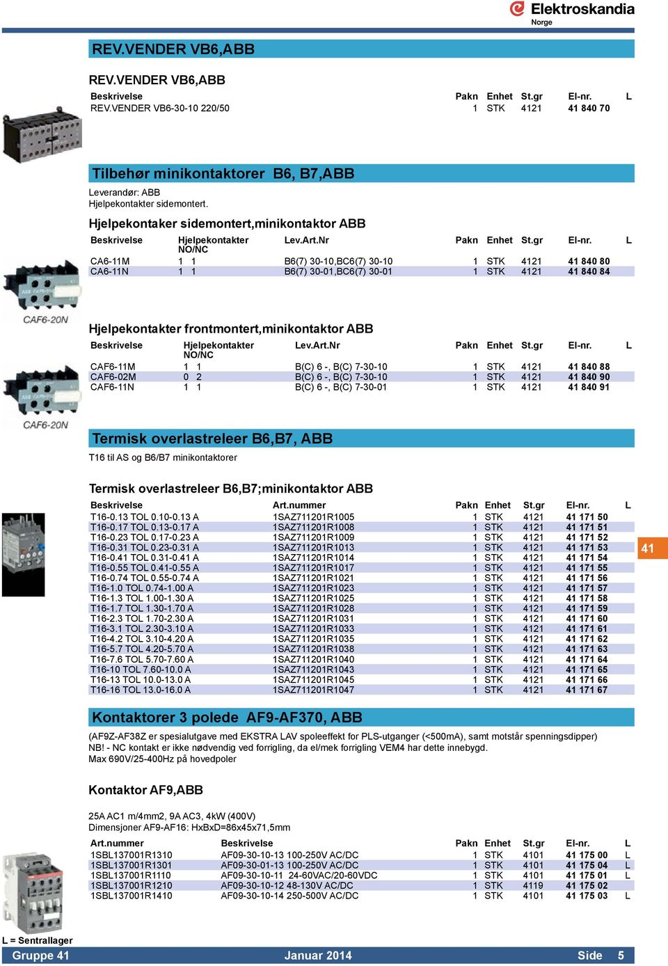 Hjelpekontaker sidemontert,minikontaktor ABB Beskrivelse Hjelpekontakter Lev.Art.Nr Pakn Enhet St.gr El-nr.