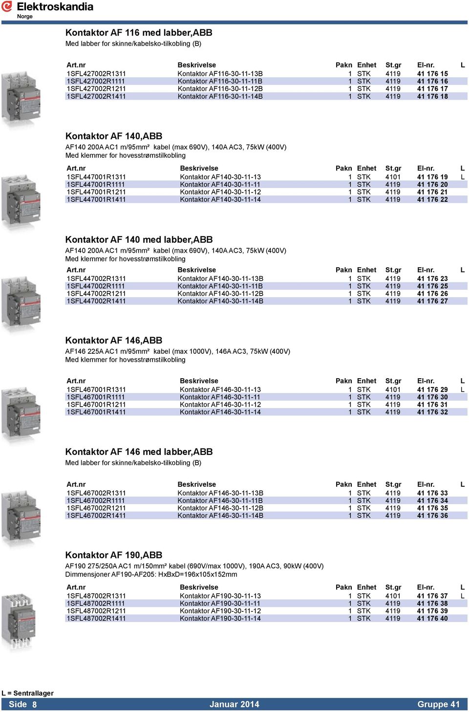 AC3, 75kW (400V) Med klemmer for hovesstrømstilkobling 1SFL447001R1311 Kontaktor AF140-30-11-13 1 STK 4101 41 176 19 L 1SFL447001R1111 Kontaktor AF140-30-11-11 1 STK 4119 41 176 20 1SFL447001R1211