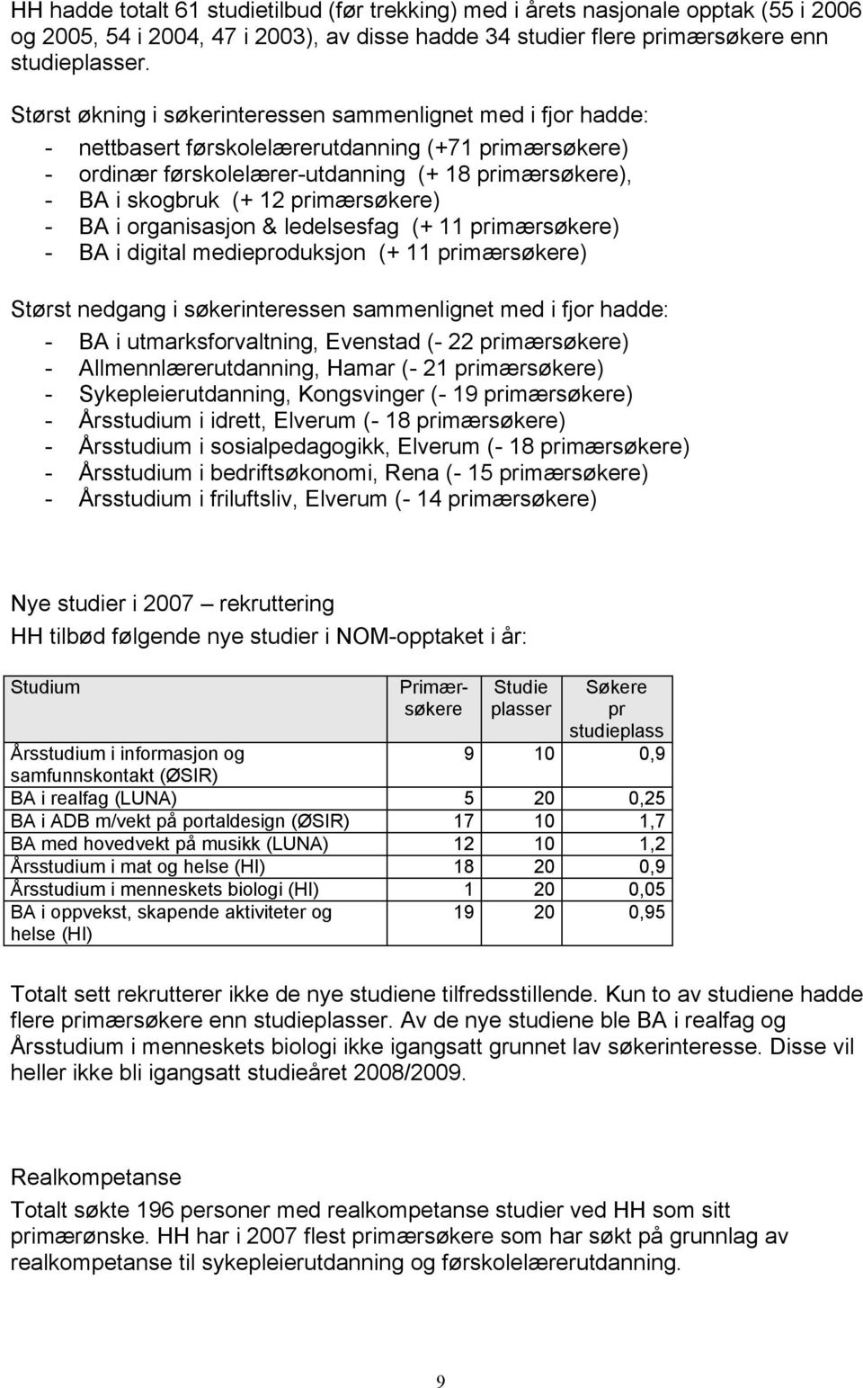 primærsøkere) - BA i organisasjon & ledelsesfag (+ 11 primærsøkere) - BA i digital medieproduksjon (+ 11 primærsøkere) Størst nedgang i søkerinteressen sammenlignet med i fjor hadde: - BA i