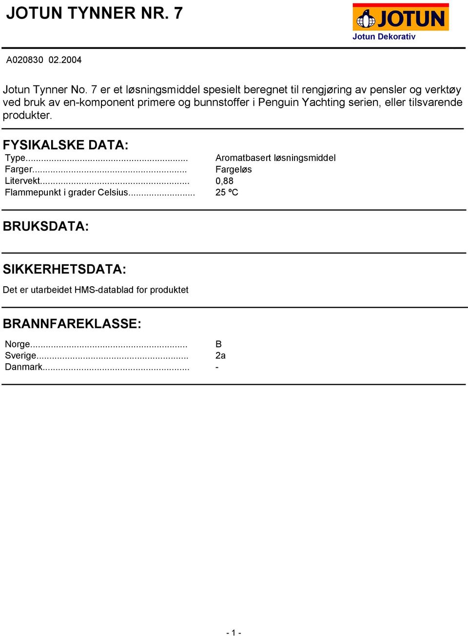 i Penguin Yachting serien, eller tilsvarende produkter. FYSIKALSKE DATA Type... Aromatbasert løsningsmiddel Farger.