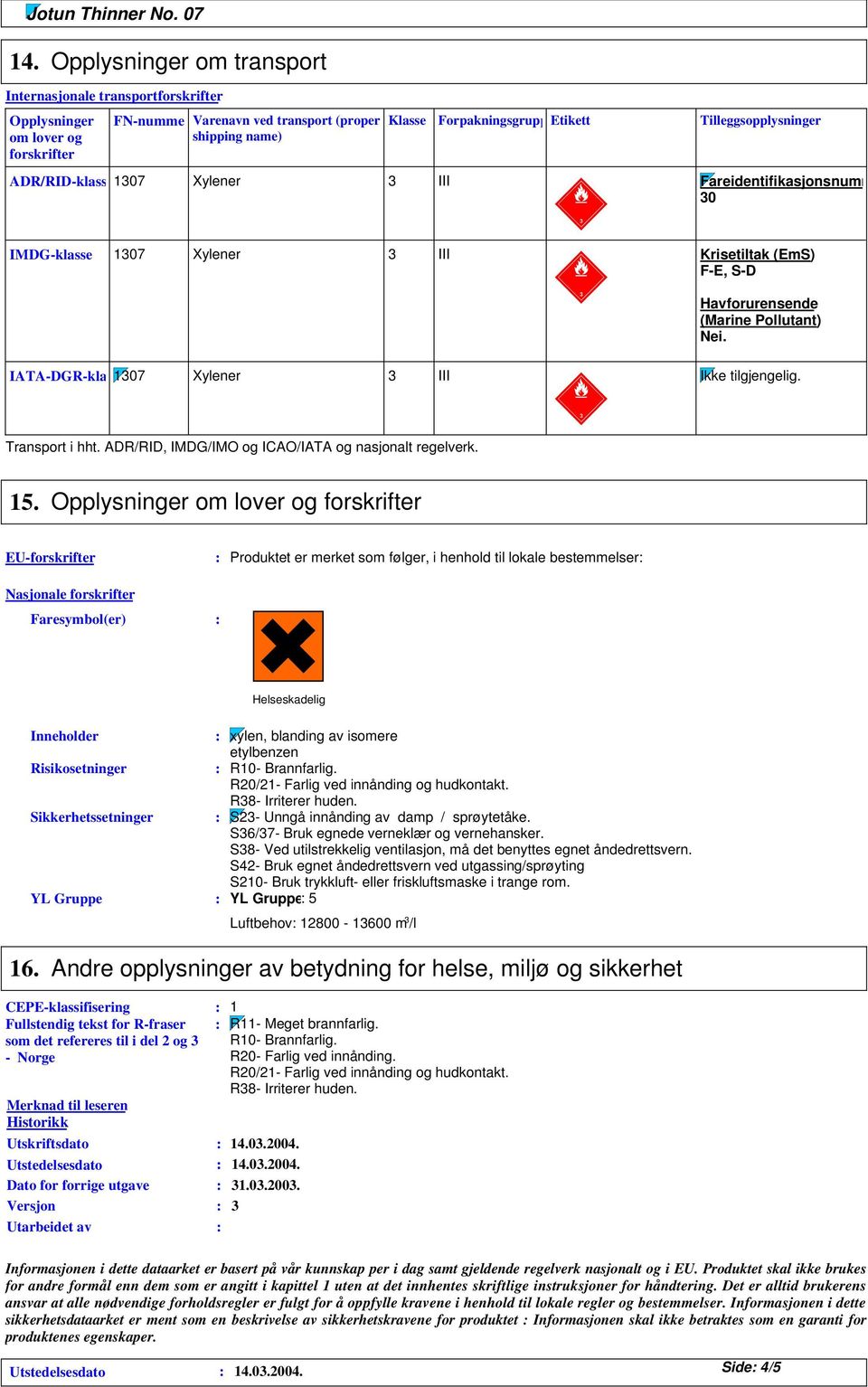 IATA-DGR-kla 107 Xylener III Ikke tilgjengelig. Transport i hht. ADR/RID, IMDG/IMO og ICAO/IATA og nasjonalt regelverk. 15.