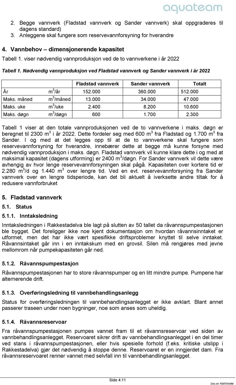 Nødvendig vannproduksjon ved Fladstad vannverk og Sander vannverk i år 2022 Fladstad vannverk Sander vannverk Totalt År m 3 /år 152.000 360.000 512.000 Maks. måned m 3 /måned 13.000 34.000 47.