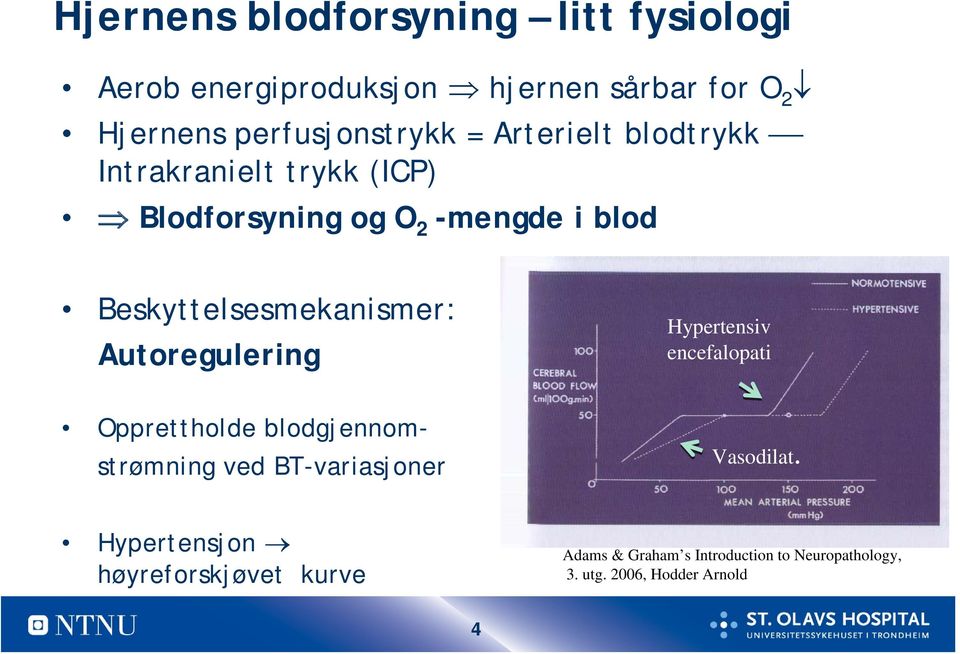 Autoregulering Hypertensiv encefalopati Opprettholde blodgjennomstrømning ved BT-variasjoner Vasodilat.