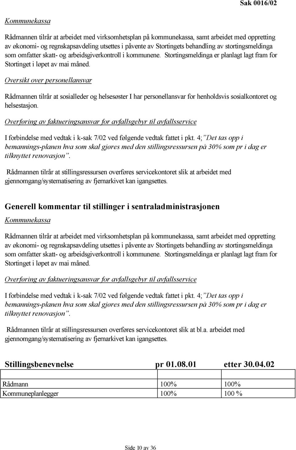 Oversikt over personellansvar Rådmannen tilrår at sosialleder og helsesøster I har personellansvar for henholdsvis sosialkontoret og helsestasjon.