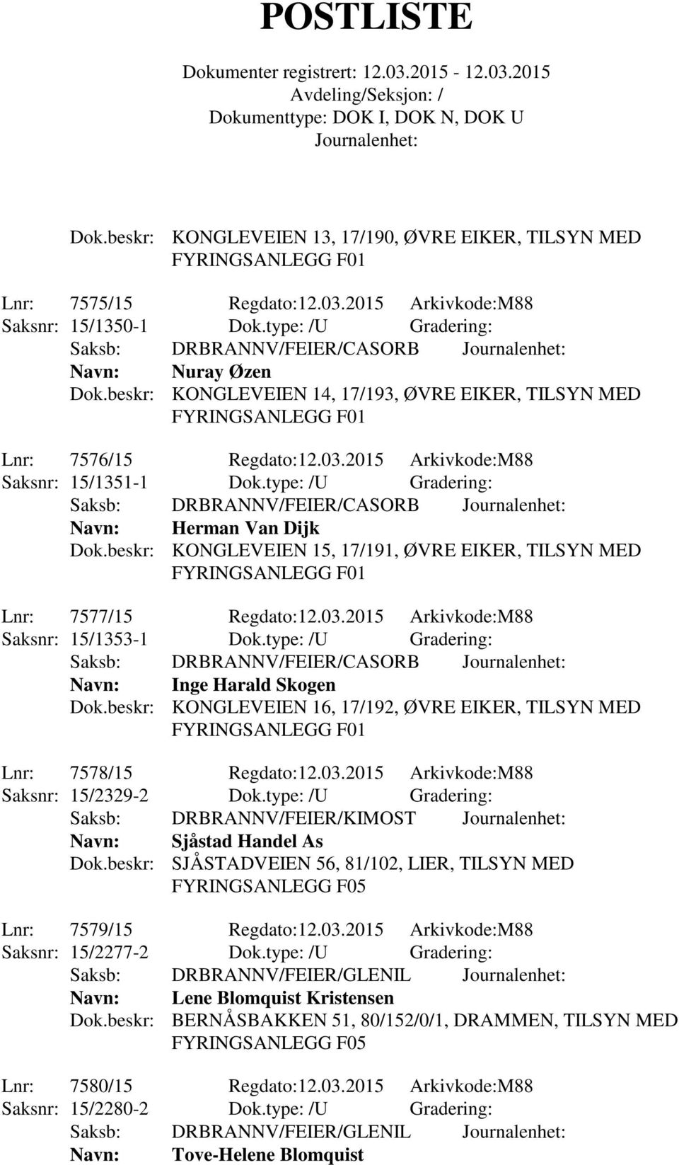 beskr: KONGLEVEIEN 15, 17/191, ØVRE EIKER, TILSYN MED Lnr: 7577/15 Regdato:12.03.2015 Arkivkode:M88 Saksnr: 15/1353-1 Dok.type: /U Gradering: Inge Harald Skogen Dok.