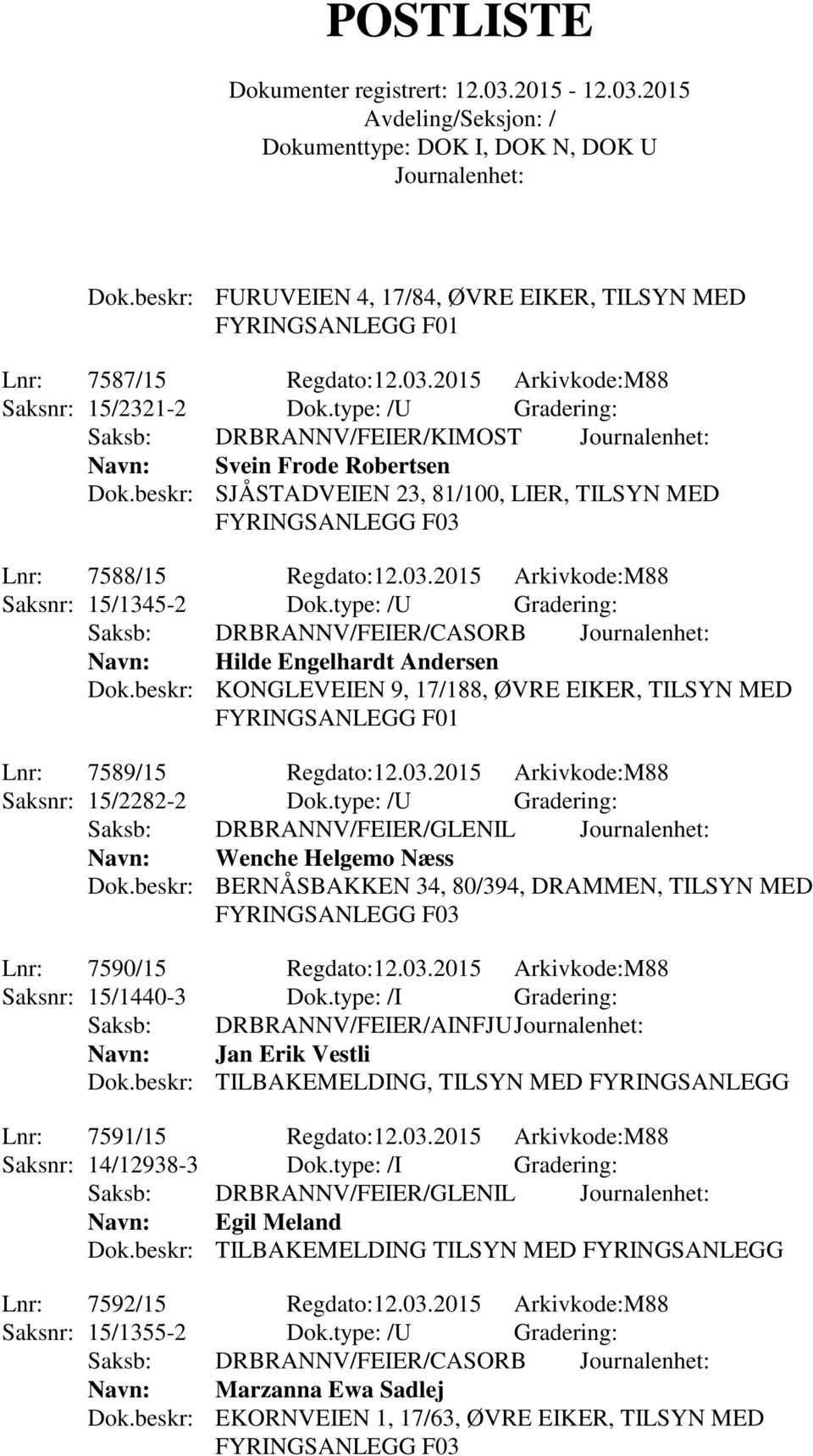 beskr: KONGLEVEIEN 9, 17/188, ØVRE EIKER, TILSYN MED Lnr: 7589/15 Regdato:12.03.2015 Arkivkode:M88 Saksnr: 15/2282-2 Dok.type: /U Gradering: Saksb: DRBRANNV/FEIER/GLENIL Wenche Helgemo Næss Dok.