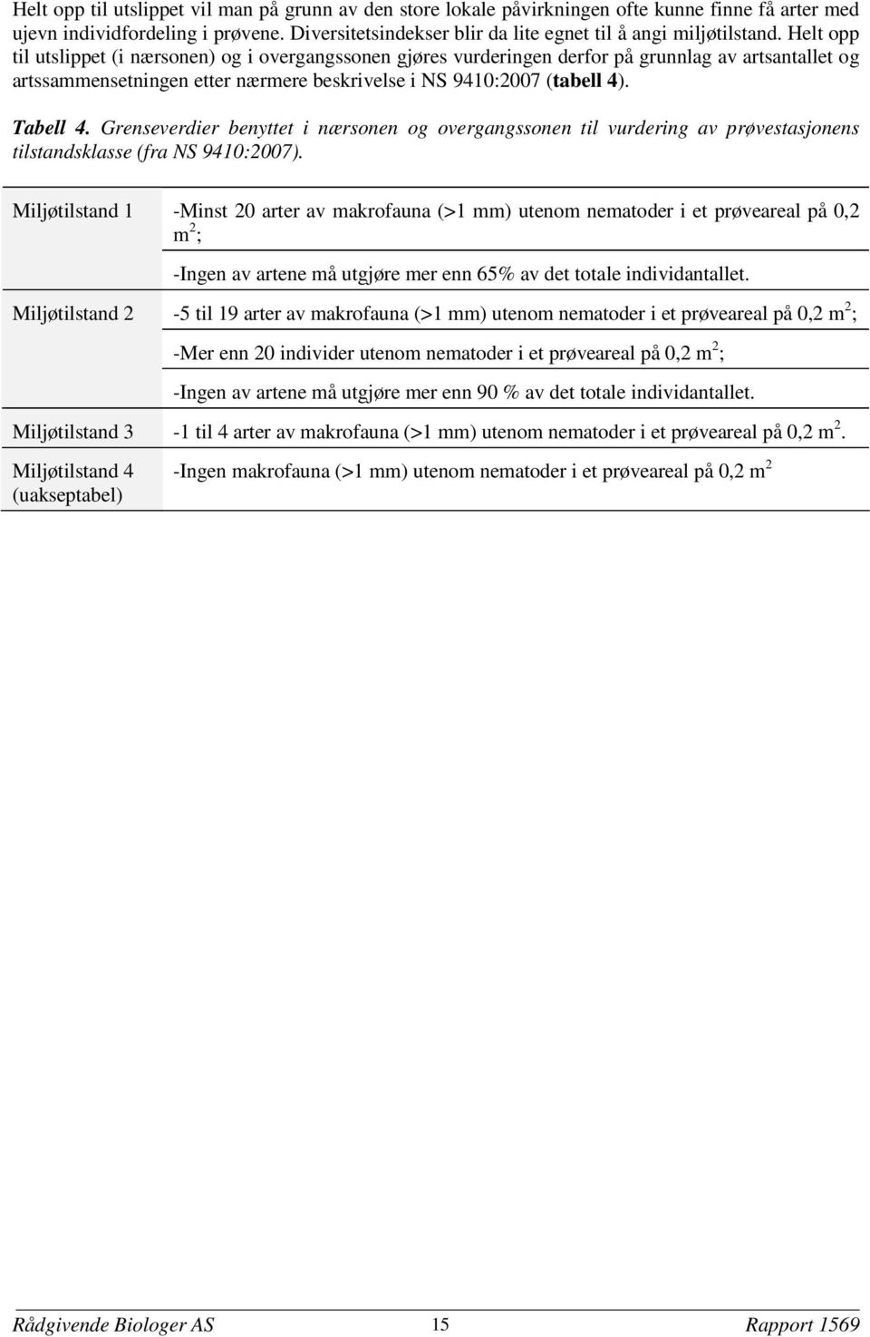 Helt opp til utslippet (i nærsonen) og i overgangssonen gjøres vurderingen derfor på grunnlag av artsantallet og artssammensetningen etter nærmere beskrivelse i NS 9410:2007 (tabell 4). Tabell 4.