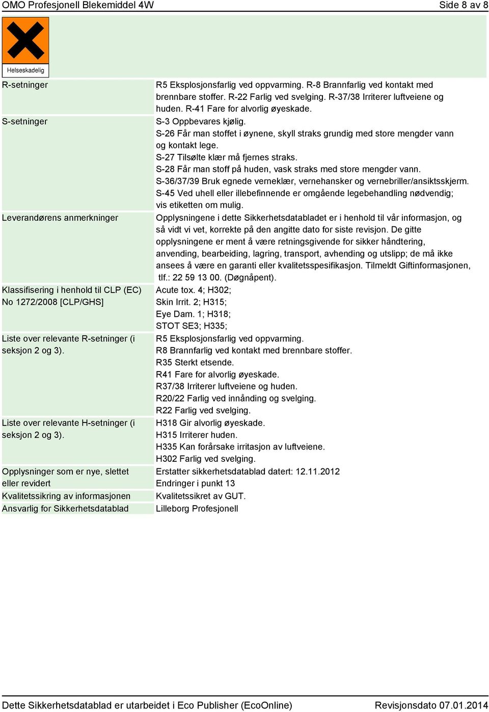 Opplysninger som er nye, slettet eller revidert Kvalitetssikring av informasjonen Ansvarlig for Sikkerhetsdatablad R5 Eksplosjonsfarlig ved oppvarming.